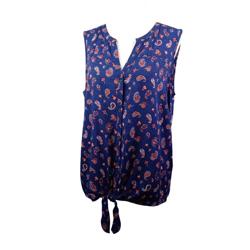 Lucky Brand Womens Boho Button Up Tie Front Top M Blue Paisley Print Festival
